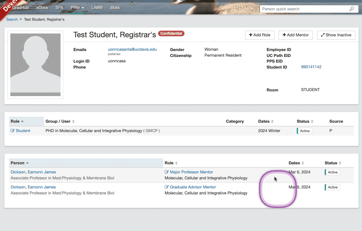 A GIF showing the process of adding a Faculty role to an individual in PRM.