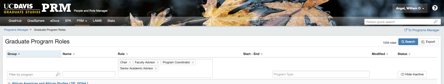 A screenshot of PRM's default selections - Chair, Faculty Advisor, Program Coordinator, and Senior Academic Advisor.