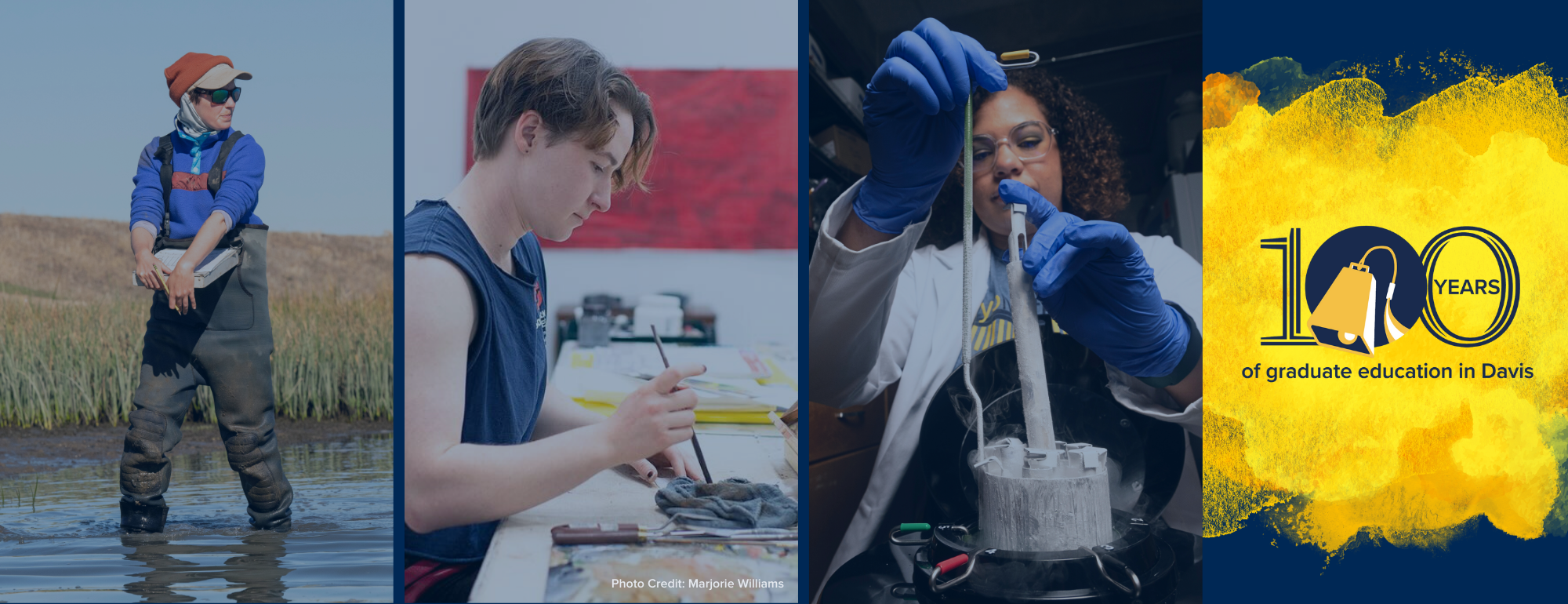 Graduate students working in their fields and 100 anniversary logo.
