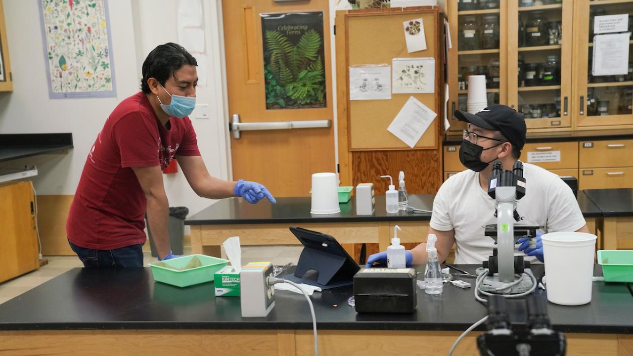 Plant Anatomy class (PLB 105) photographed in October 2020 in the Science Laboratory Building. This was one of the only in-person classes being taught in the Science Laboratory Building in Fall Quarter 2020 due to the global COVID-19 pandemic.  Oscar Hinojosa, a Plant Biology Graduate Group Ph.D. Candidate (wearing red) was a TA for the section.