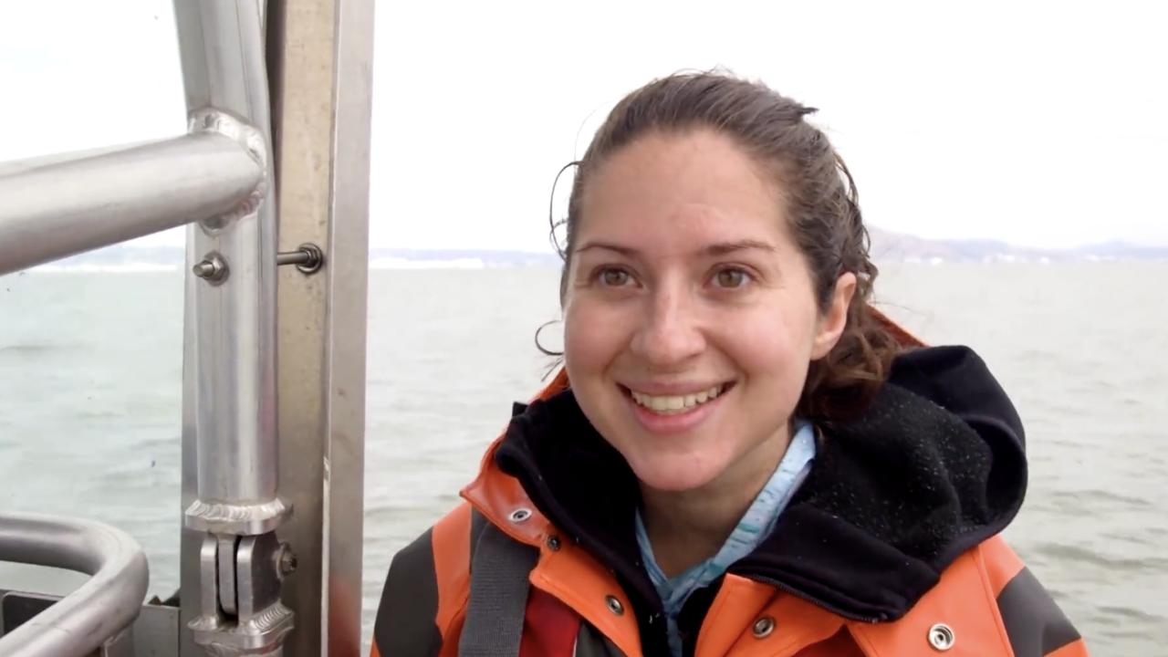 Meghan Holst, Ph.D. student, stands on a boat in the San Francisco Bay wearing an orange jacket next to a ladder