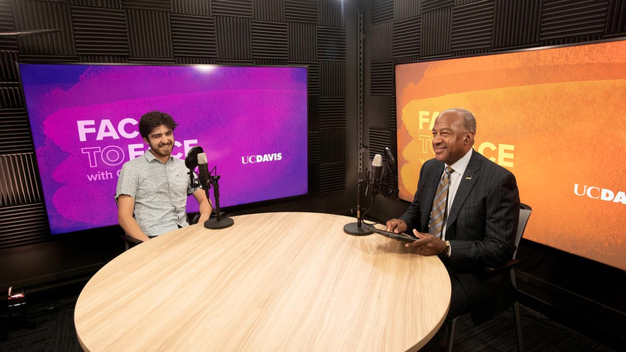 Chancellor Gary S. May talks with Miguel Craven for Face to Face. Craven is pursuing a master’s degree in energy systems at UC Davis. (Gregory Urquiaga/UC Davis)