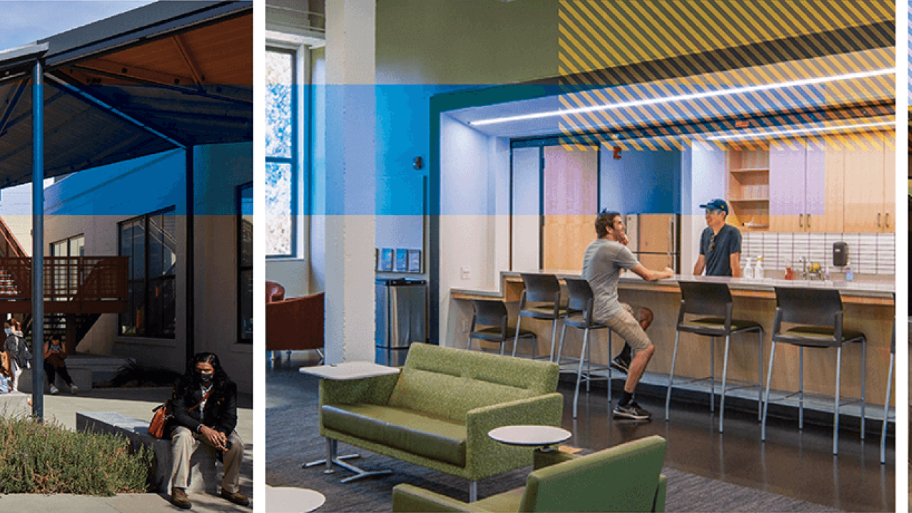 A collage of the exterior of the Graduate Center with the Graduate Commons