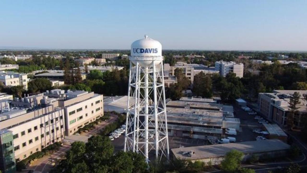 UC Davis campus aerial view of water tower and buildings