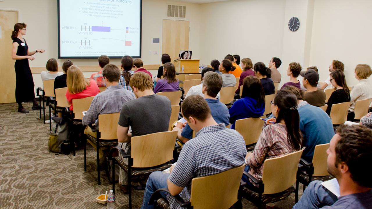 A postdoctoral scholar presenting her research to her audience.