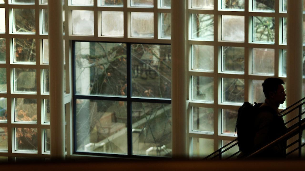 Student walking on stairs in UC Davis Library