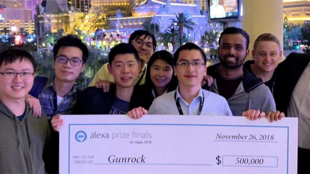 Team Gunrock, UC Davis graduate and undergraduate students celebrate their first place in Amazon&rsquo;s Alexa Prize competition in Las Vegas. The team took home $500,000 for creating a software bot that could hold a coherent and engaging conversati
