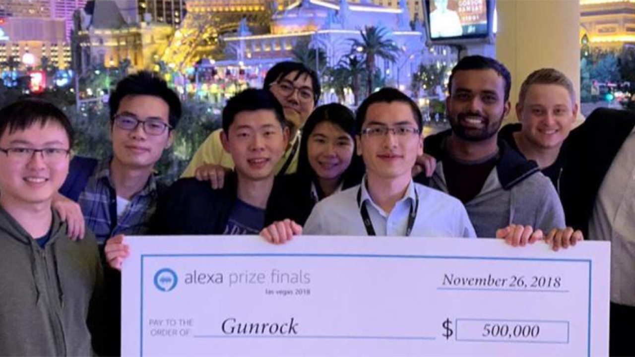 Team Gunrock, UC Davis graduate and undergraduate students celebrate their first place in Amazon’s Alexa Prize competition in Las Vegas. The team took home $500,000 for creating a software bot that could hold a coherent and engaging conversati