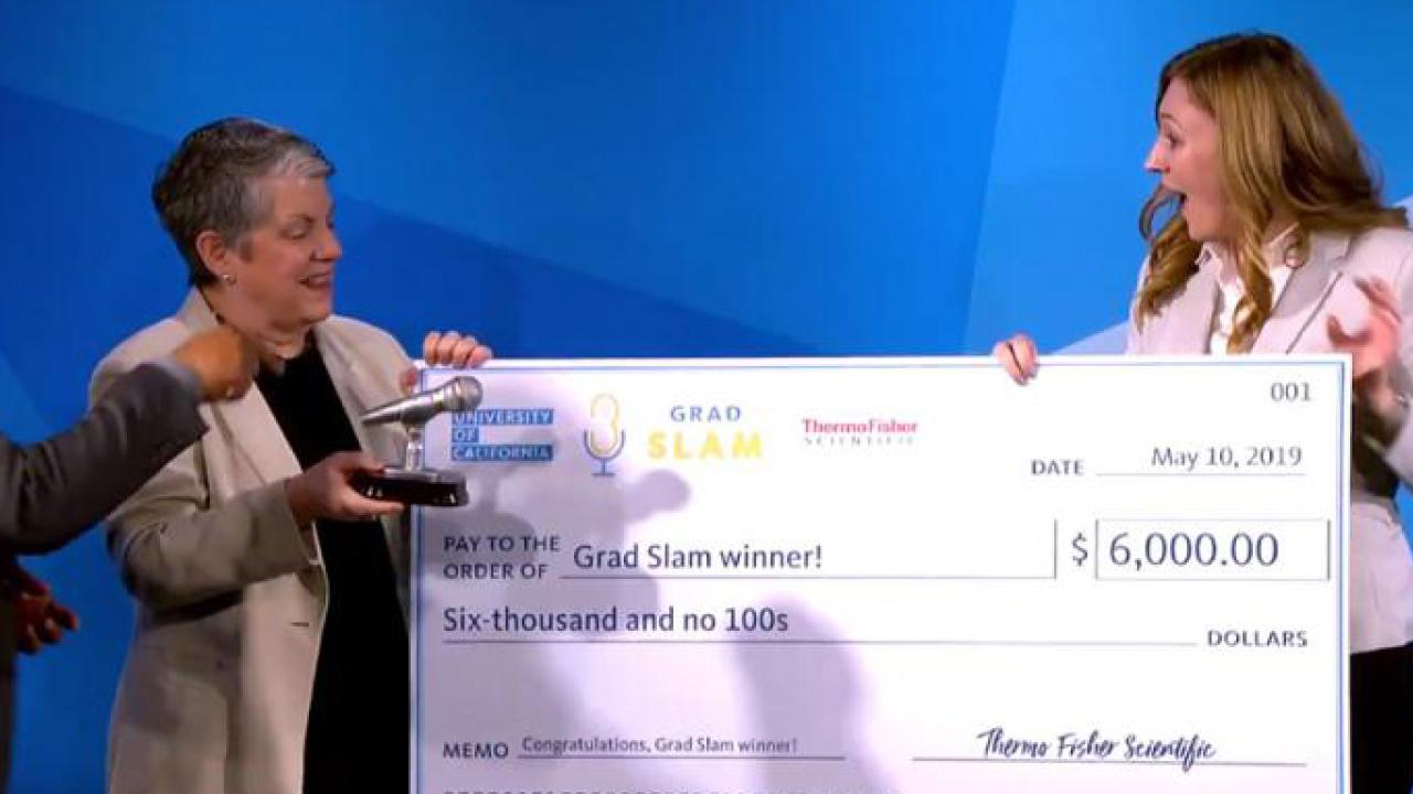 Plant biology graduate student Katie Murphy wins the grand prize at the UC Davis grad slam finals