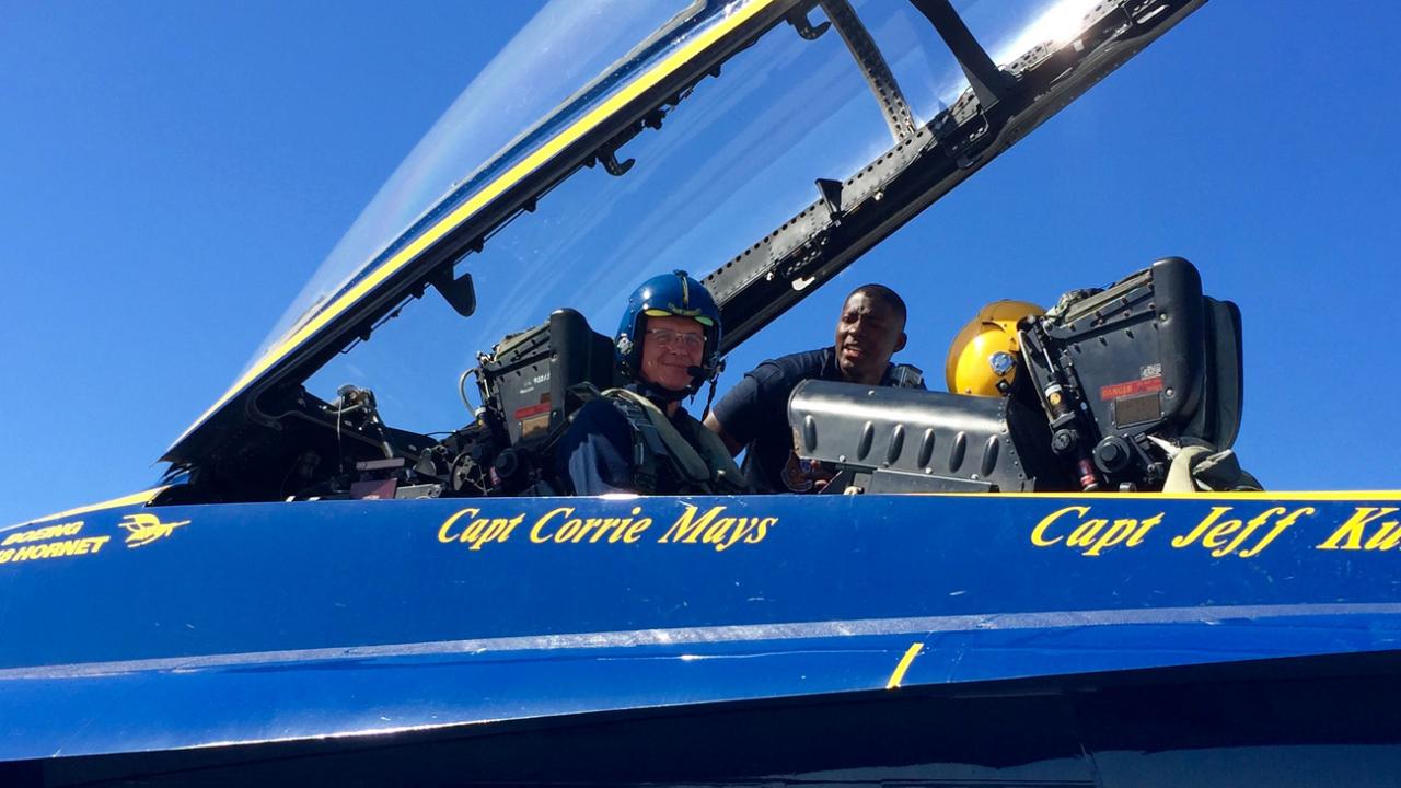 JP Delplanque sits in the cockpit of a Blue Angels jet preparing for take off.