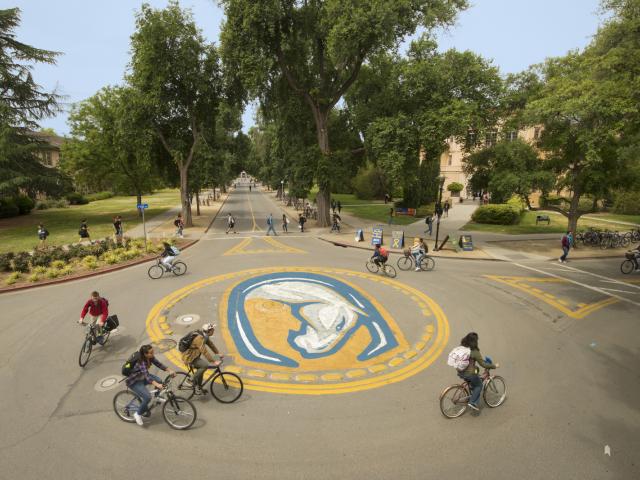Aerial shot of students riding bikes at the bike circle