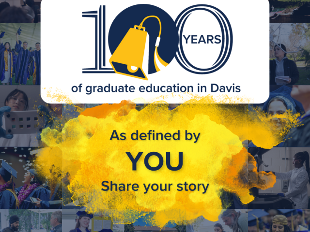 100th Anniversary logo over collage of graduate student photos and yellow paint splashes with text reading, "As defined by YOU. Share your story."