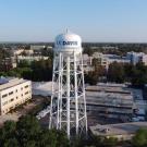 UC Davis campus aerial view of water tower and buildings