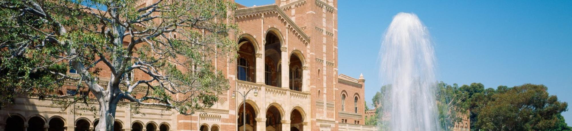 image of fountain and historical building at UCLA on a sunny day