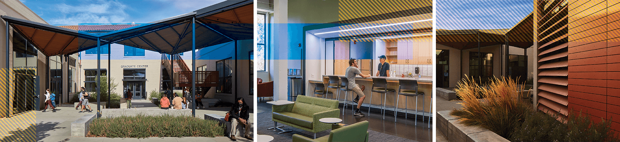 A collage of the exterior of the Graduate Center with the Graduate Commons